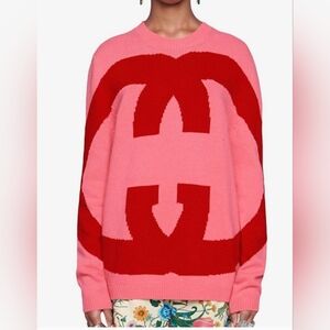 Gucci Interlocking Intarsia GG Logo Sweater Pink Red Wool Pullover